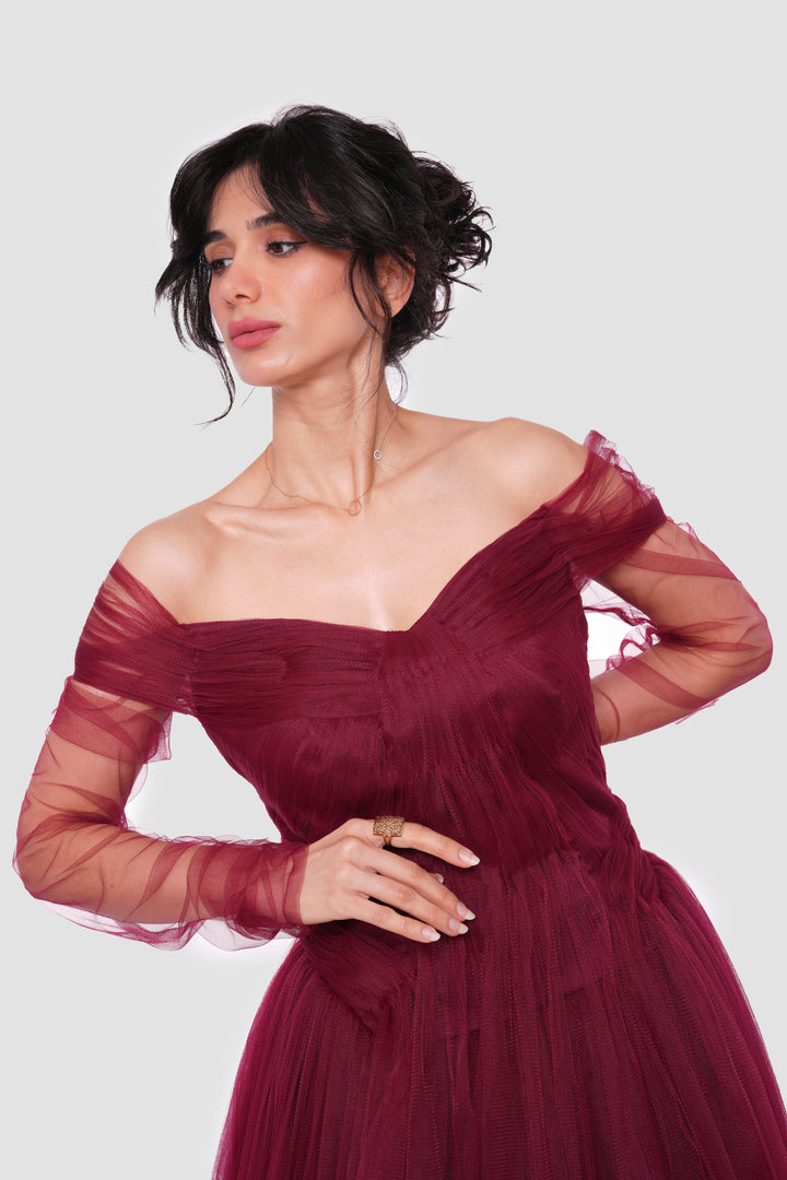 Elara Shimmery Tulle Off-Shoulder Maxi Dress With Sheer Sleeves