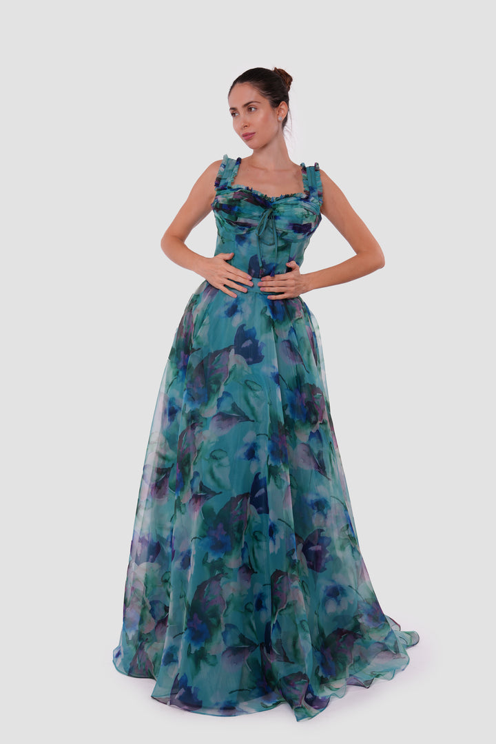 Iris Teal Blue With Multicolored Floral Patterns Silk Organza Bustier Maxi Dress