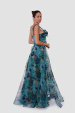 Load image into Gallery viewer, Iris Teal Blue With Multicolored Floral Patterns Silk Organza Bustier Maxi Dress