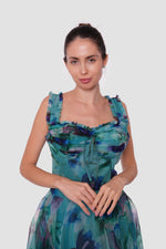 Load image into Gallery viewer, Iris Teal Blue With Multicolored Floral Patterns Silk Organza Bustier Maxi Dress