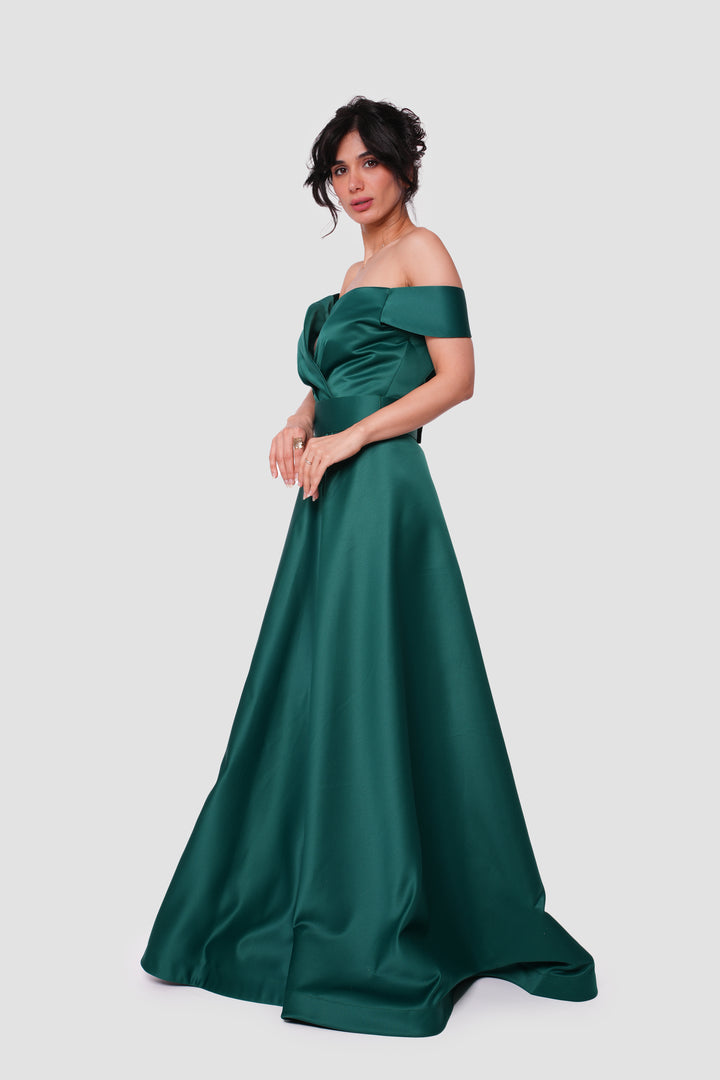 Elsa Emerald Green Taffeta Off-shoulder Maxi Dress
