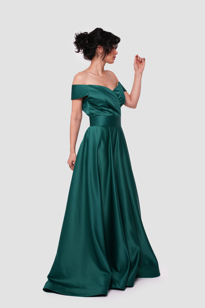 Elsa Emerald Green Taffeta Off-shoulder Maxi Dress