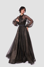 Load image into Gallery viewer, Noella Shimmering Metallic Tulle With Ruffle Trim Neck Maxi Dress