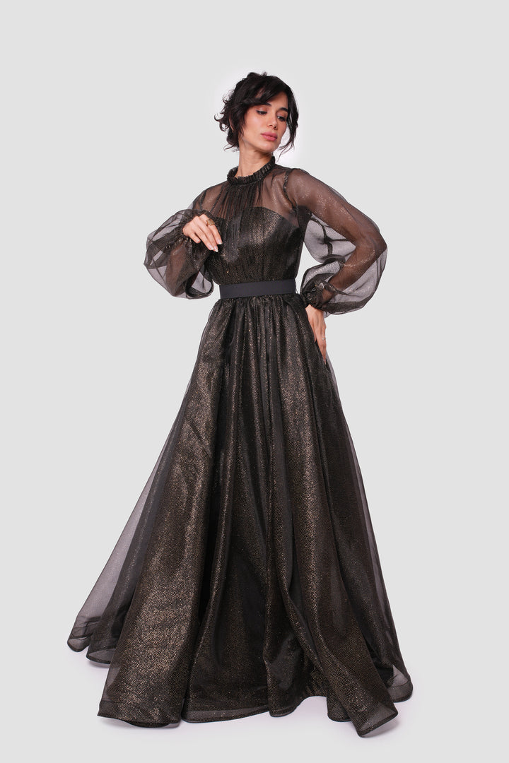 Noella Shimmering Metallic Tulle With Ruffle Trim Neck Maxi Dress