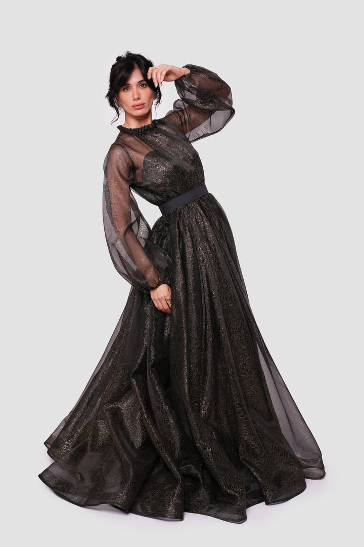 Noella Shimmering Metallic Tulle With Ruffle Trim Neck Maxi Dress