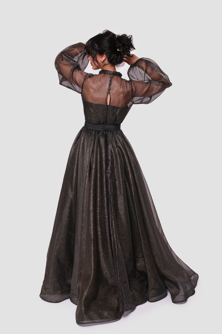 Noella Shimmering Metallic Tulle With Ruffle Trim Neck Maxi Dress