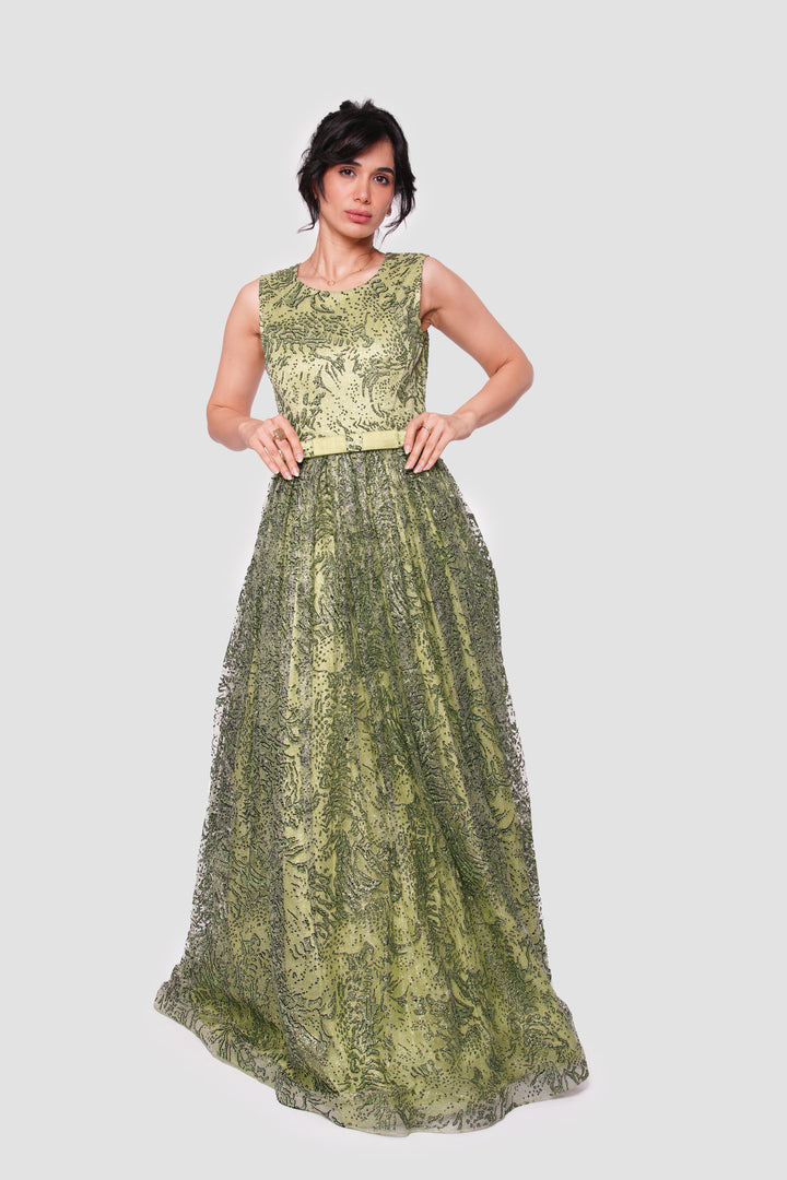 Esmerelda Vibrant Emerald Green With Glitter Spider Net Sleeveless Maxi Dress