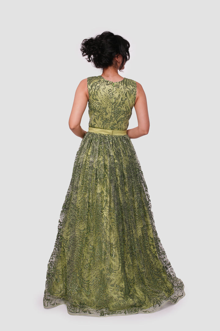 Esmerelda Vibrant Emerald Green With Glitter Spider Net Sleeveless Maxi Dress