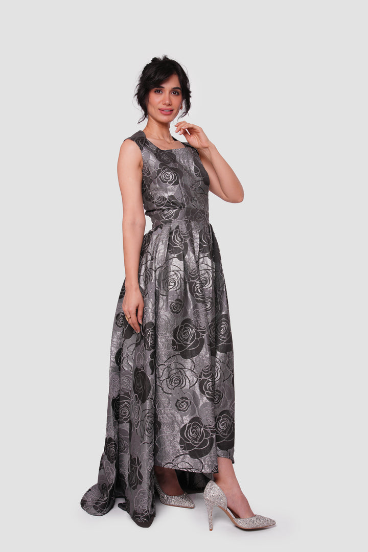 Rosalie Black And Silver Metallic Floral Jacquard Sleeveless Maxi Dress