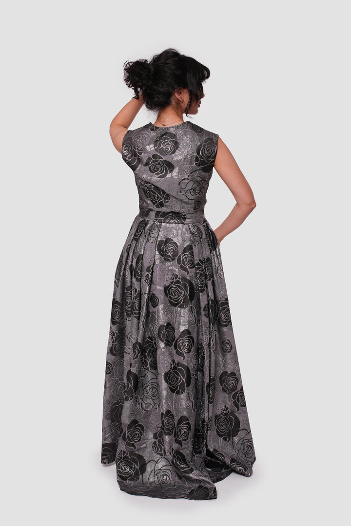 Rosalie Black And Silver Metallic Floral Jacquard Sleeveless Maxi Dress