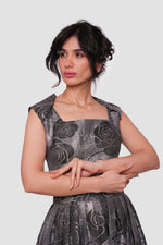 Load image into Gallery viewer, Rosalie Black And Silver Metallic Floral Jacquard Sleeveless Maxi Dress