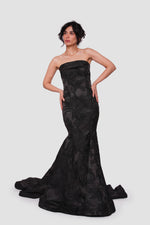 Load image into Gallery viewer, Mayasa Black Floral Jacquard High Low Gown