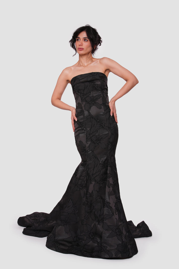 Mayasa Black Floral Jacquard High Low Gown