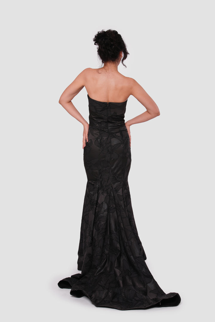 Mayasa Black Floral Jacquard High Low Gown