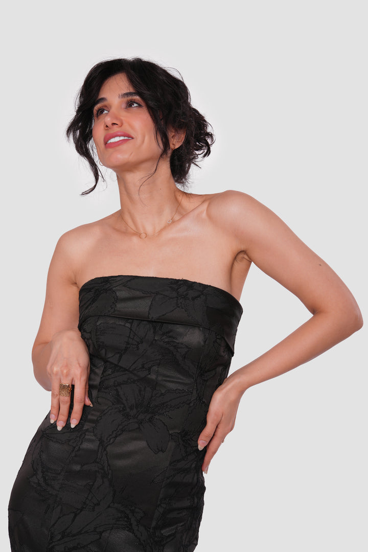 Mayasa Black Floral Jacquard High Low Gown