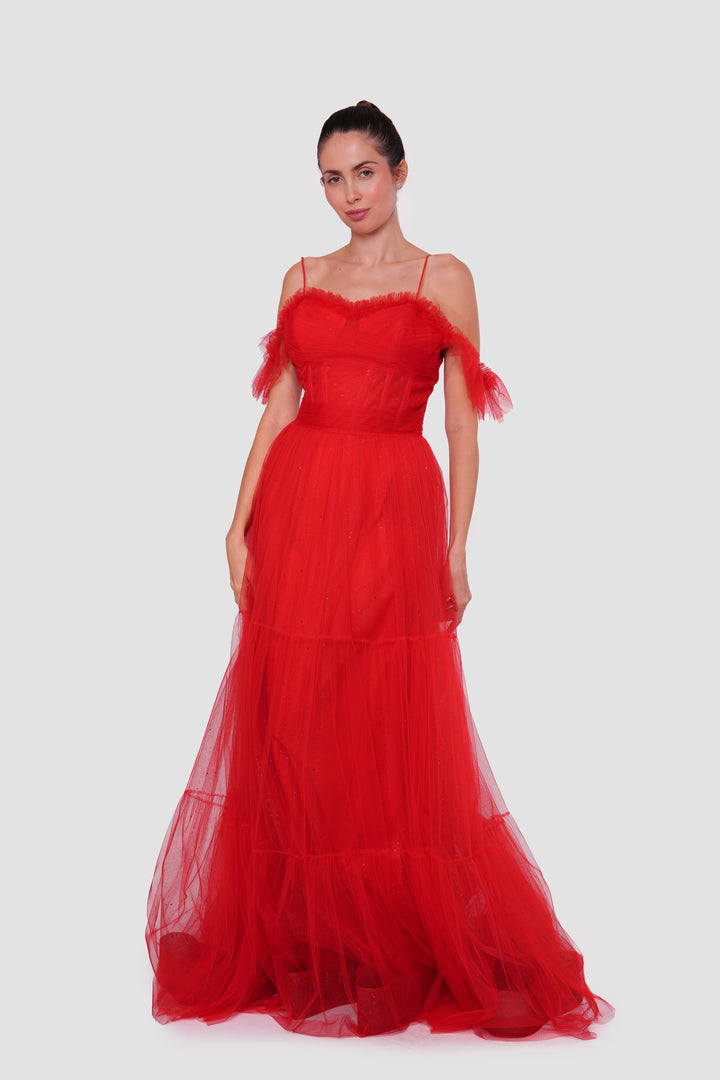 Rosa Red Tulle With Glitter Bustier Maxi Dress