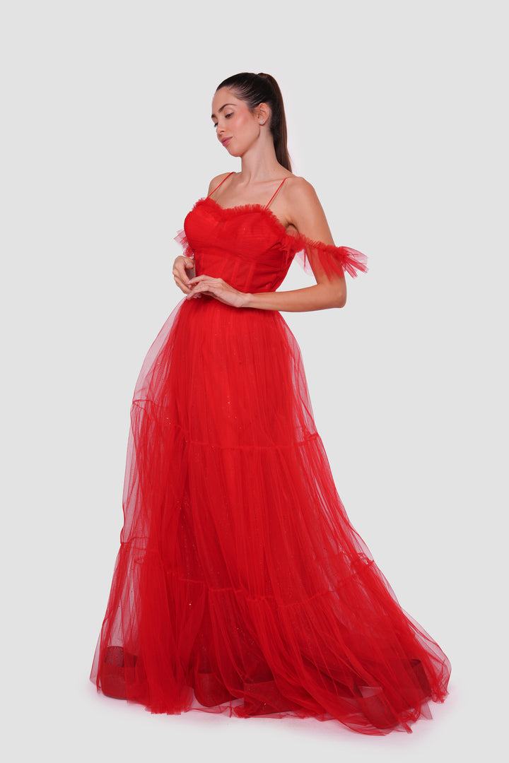 Rosa Red Tulle With Glitter Bustier Maxi Dress