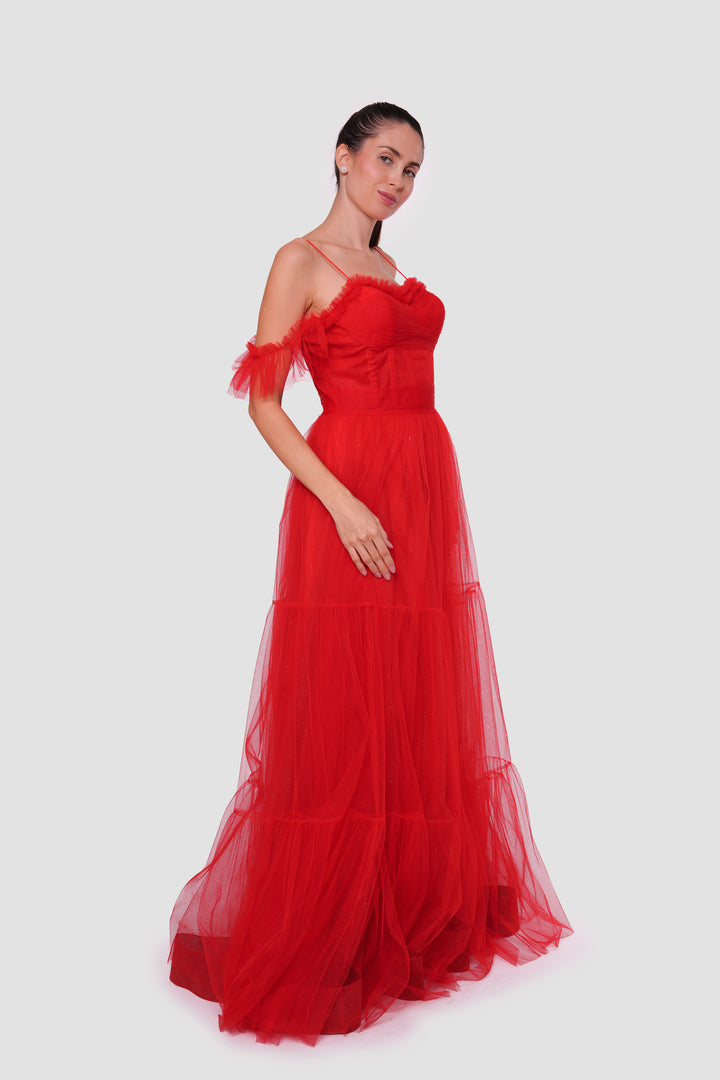 Rosa Red Tulle With Glitter Bustier Maxi Dress