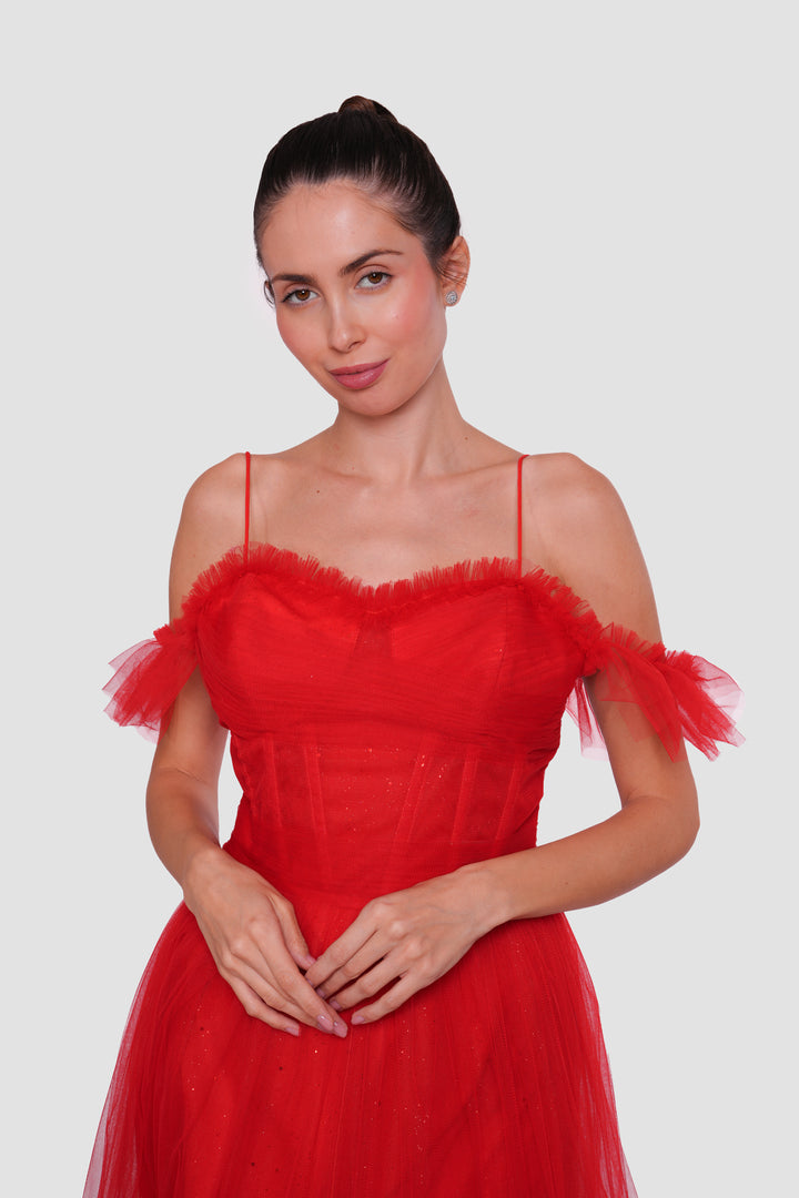 Rosa Red Tulle With Glitter Bustier Maxi Dress