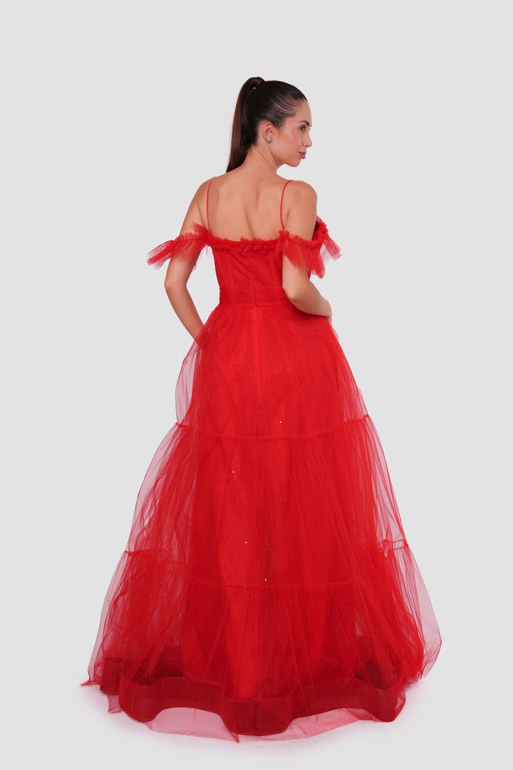 Rosa Red Tulle With Glitter Bustier Maxi Dress
