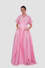 Load image into Gallery viewer, Rosalie Blush Pink Pleated Maxi Dress With Shirt-style Collar With Short Sleeves