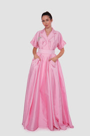 Rosalie Blush Pink Pleated Maxi Dress With Shirt-style Collar With Short Sleeves