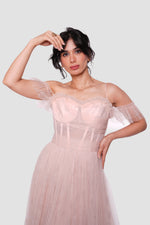 Load image into Gallery viewer, Rozana Blush Pink Tulle With Silver Floral Embellishments Bustier Maxi Dress