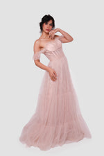 Load image into Gallery viewer, Rozana Blush Pink Tulle With Silver Floral Embellishments Bustier Maxi Dress