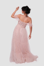 Load image into Gallery viewer, Rozana Blush Pink Tulle With Silver Floral Embellishments Bustier Maxi Dress