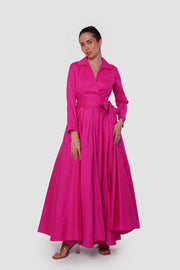 Valeria Fuchsia Taffeta Collared V-neckline Wrap-style Maxi Dress