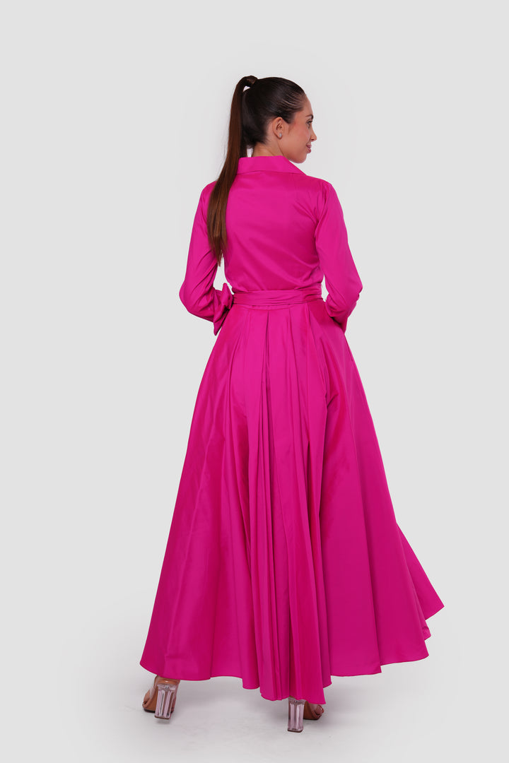 Valeria Fuchsia Taffeta Collared V-neckline Wrap-style Maxi Dress