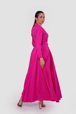 Load image into Gallery viewer, Valeria Fuchsia Taffeta Collared V-neckline Wrap-style Maxi Dress