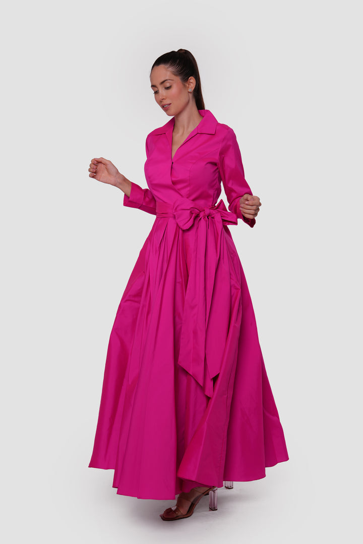 Valeria Fuchsia Taffeta Collared V-neckline Wrap-style Maxi Dress