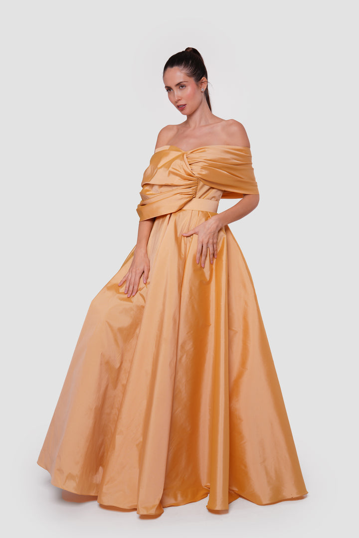 Amana Golden Mustard Taffeta Strapless Corset Maxi Dress