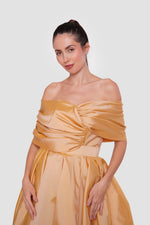 Load image into Gallery viewer, Amana Golden Mustard Taffeta Strapless Corset Maxi Dress