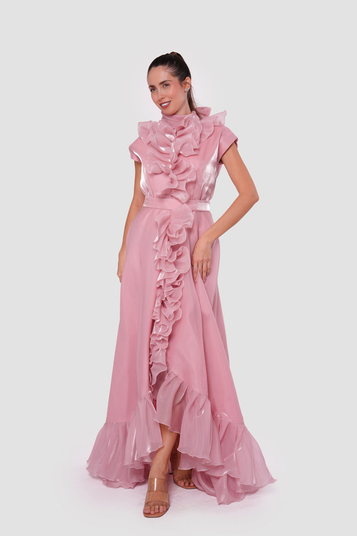 Seraphina Blush Pink High Neckline Ruffled Sleeveless Maxi Dress