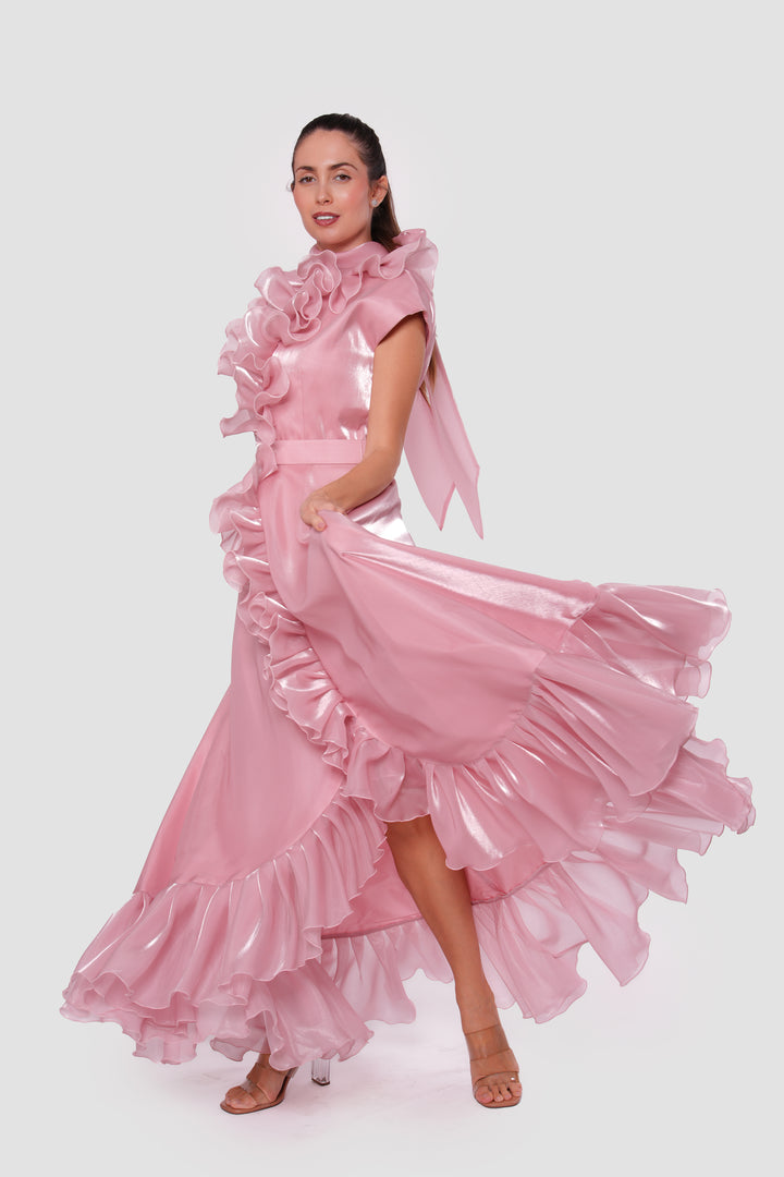 Seraphina Blush Pink High Neckline Ruffled Sleeveless Maxi Dress