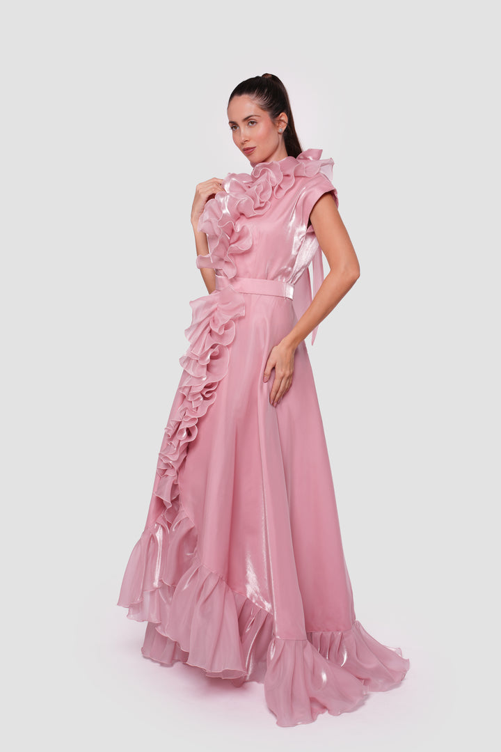 Seraphina Blush Pink High Neckline Ruffled Sleeveless Maxi Dress