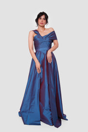 Ophelia Midnight Blue With An Iridescent Finish Taffeta With Pleats Maxi Dress