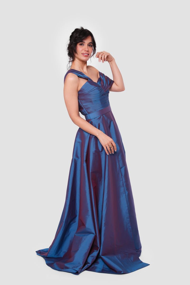 Ophelia Midnight Blue With An Iridescent Finish Taffeta With Pleats Maxi Dress