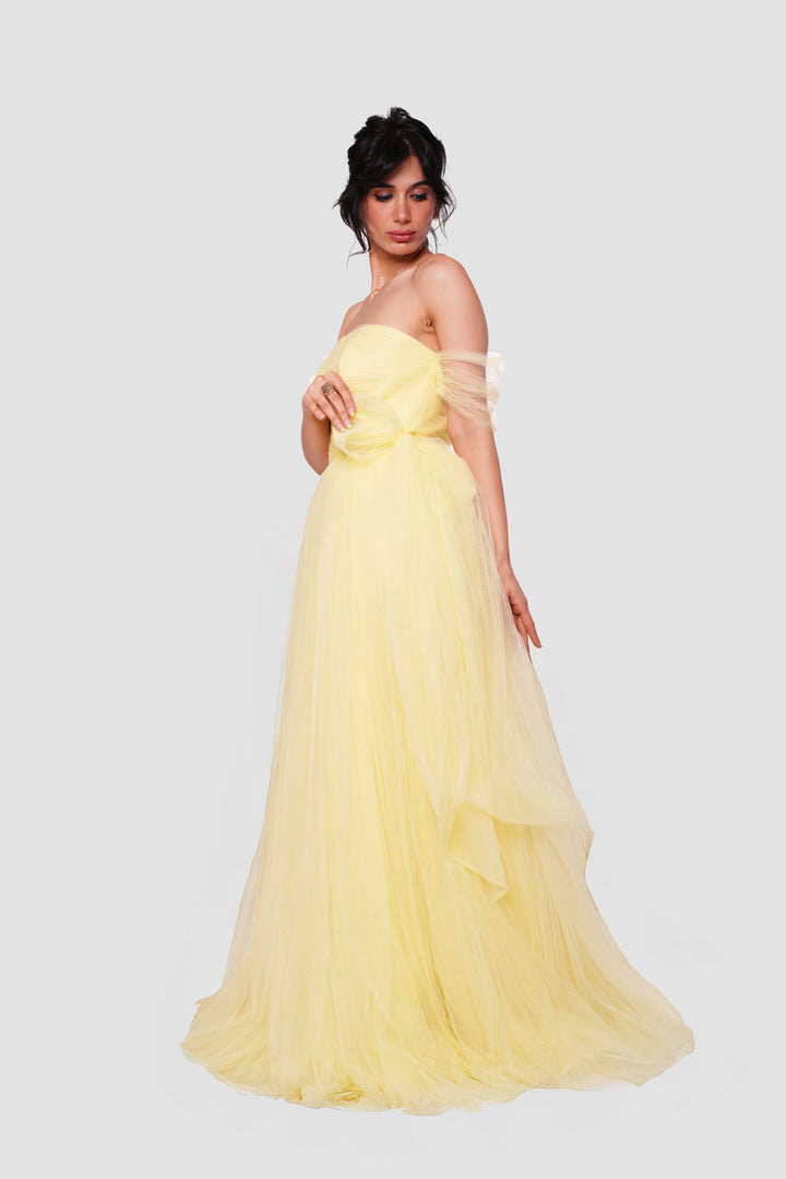 Selena Pale Yellow Off-shoulder Tulle Corset Maxi Dress With Sheer Short Sleeves