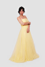 Load image into Gallery viewer, Selena Pale Yellow Off-shoulder Tulle Corset Maxi Dress With Sheer Short Sleeves
