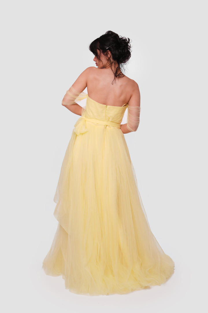 Selena Pale Yellow Off-shoulder Tulle Corset Maxi Dress With Sheer Short Sleeves