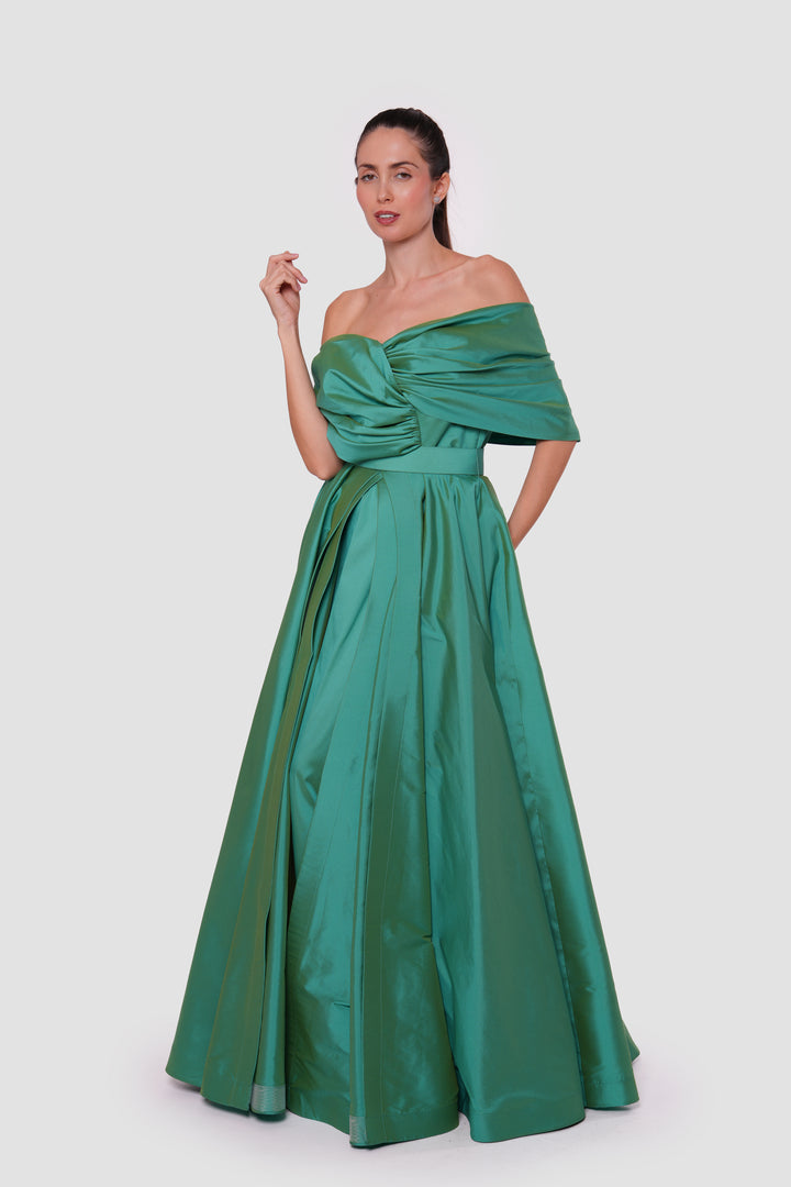 Emeralda Deep Emerald Green Taffeta Sweetheart Neckline With Bow Padded Corset Maxi Dress