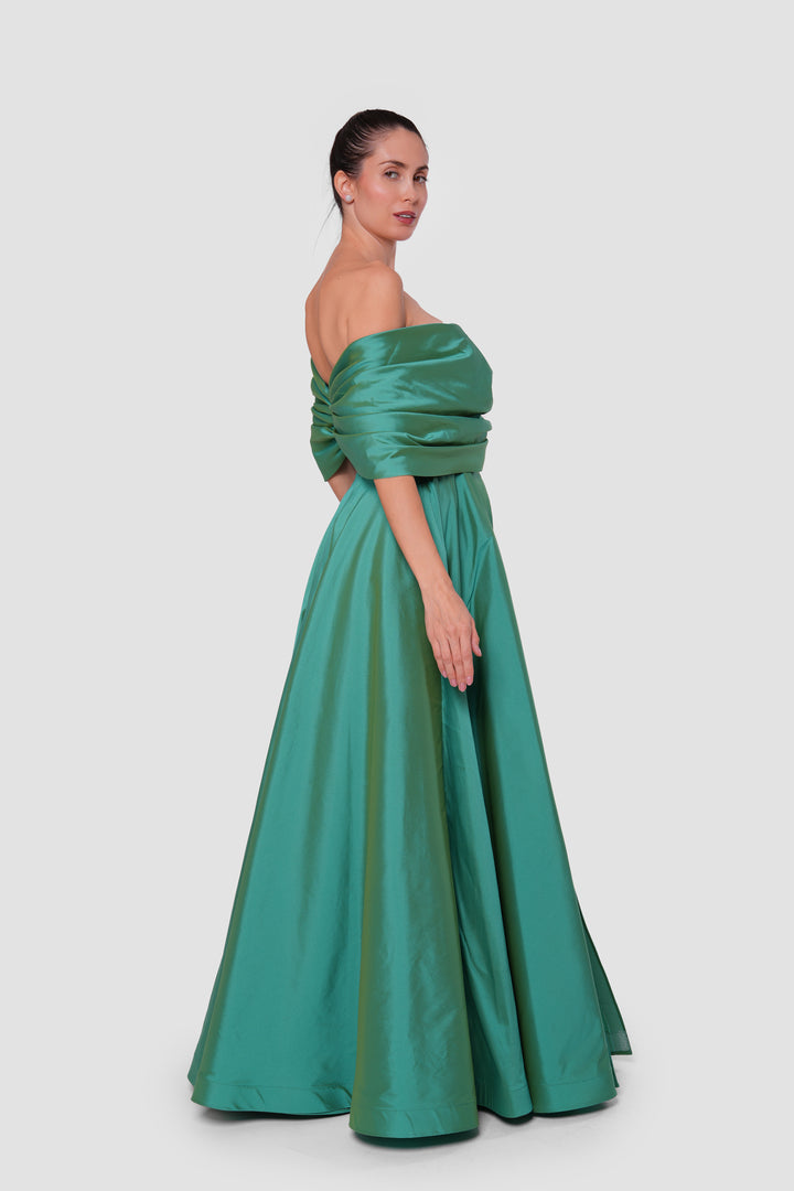 Emeralda Deep Emerald Green Taffeta Sweetheart Neckline With Bow Padded Corset Maxi Dress