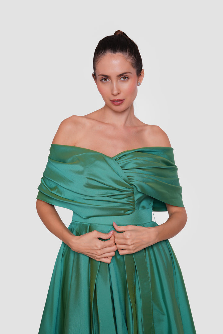 Emeralda Deep Emerald Green Taffeta Sweetheart Neckline With Bow Padded Corset Maxi Dress