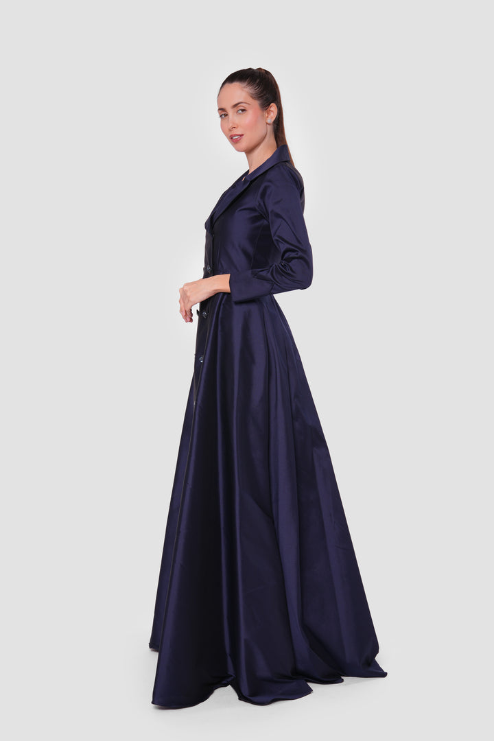 Aurora Midnight Navy Taffeta Double Breasted Flared Maxi Dress
