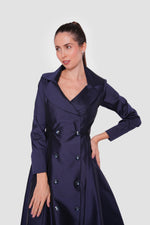 Load image into Gallery viewer, Aurora Midnight Navy Taffeta Double Breasted Flared Maxi Dress