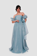 Load image into Gallery viewer, Celestia Powder Blue Off-shoulder Maxi Dress With Puffy Short Sleeves