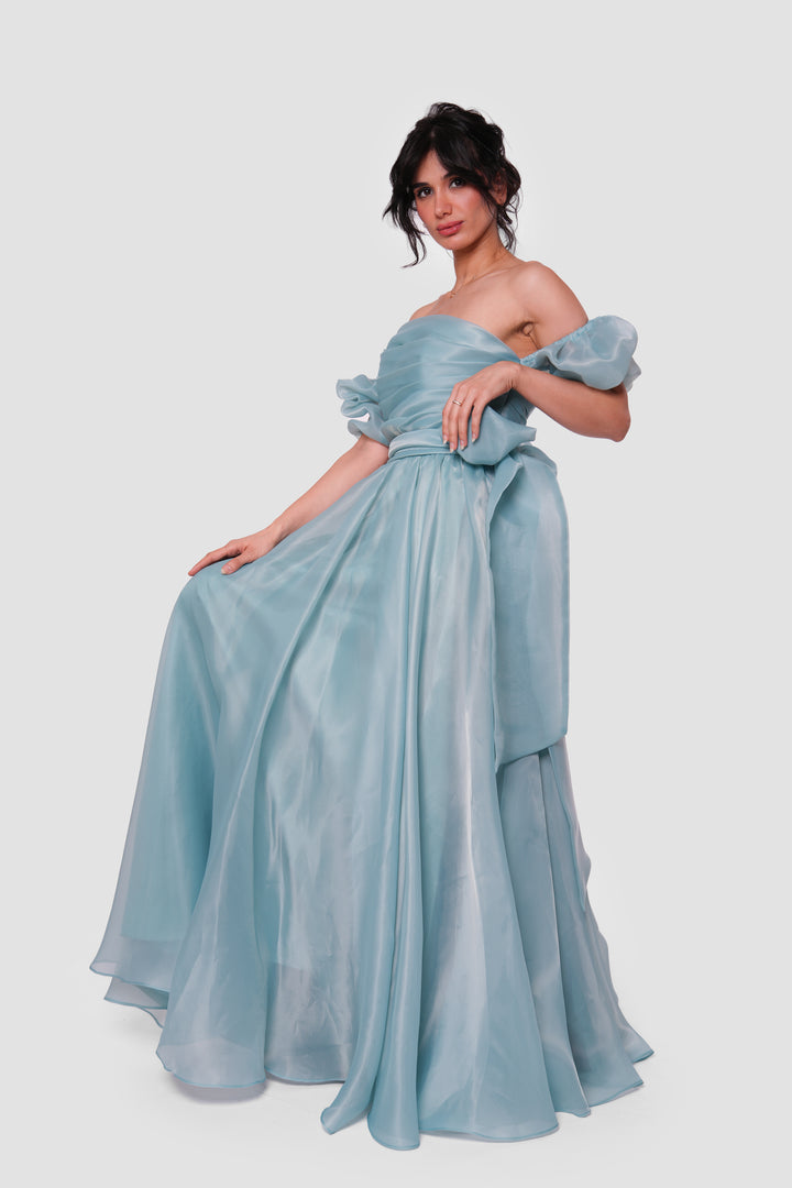 Celestia Powder Blue Off-shoulder Maxi Dress With Puffy Short Sleeves